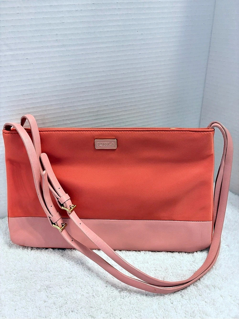 Furla Crossbody Bag in Pink Leather & Orange Salmon Nylon  11.5” x 7”